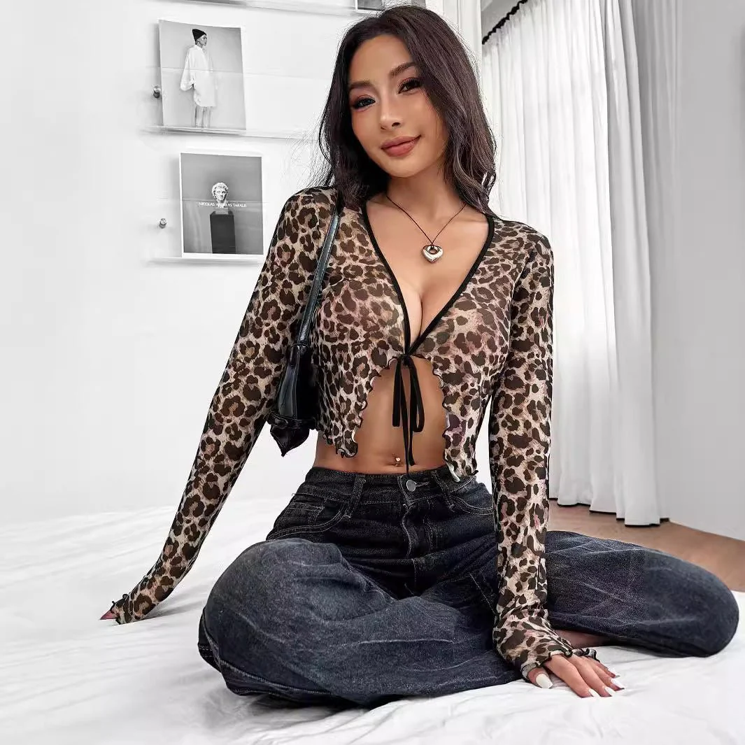 Elegant women's transparent mesh leopard print front lace-up long-sleeved top - Image 4