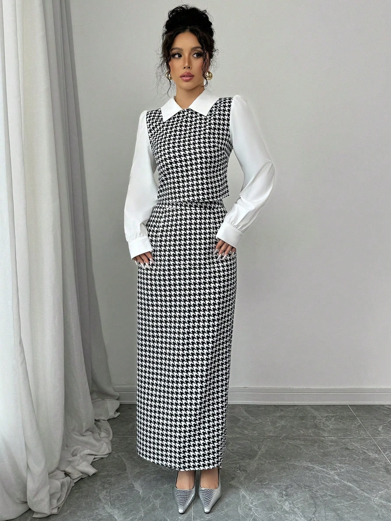 Elenzga 2pcs Set Houndstooth Color Block Shirt Collar - Image 3