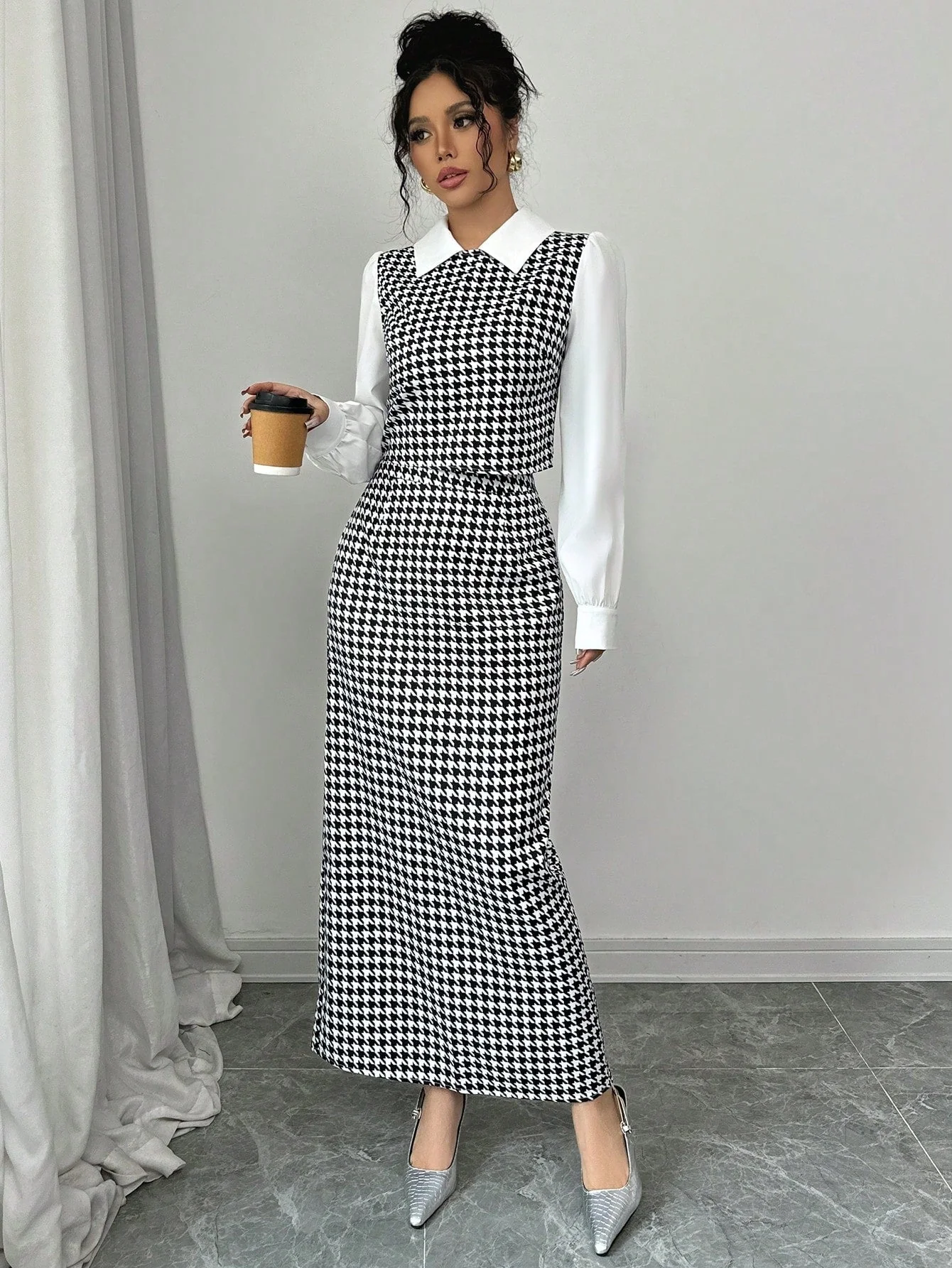 Elenzga 2pcs Set Houndstooth Color Block Shirt Collar - Image 4