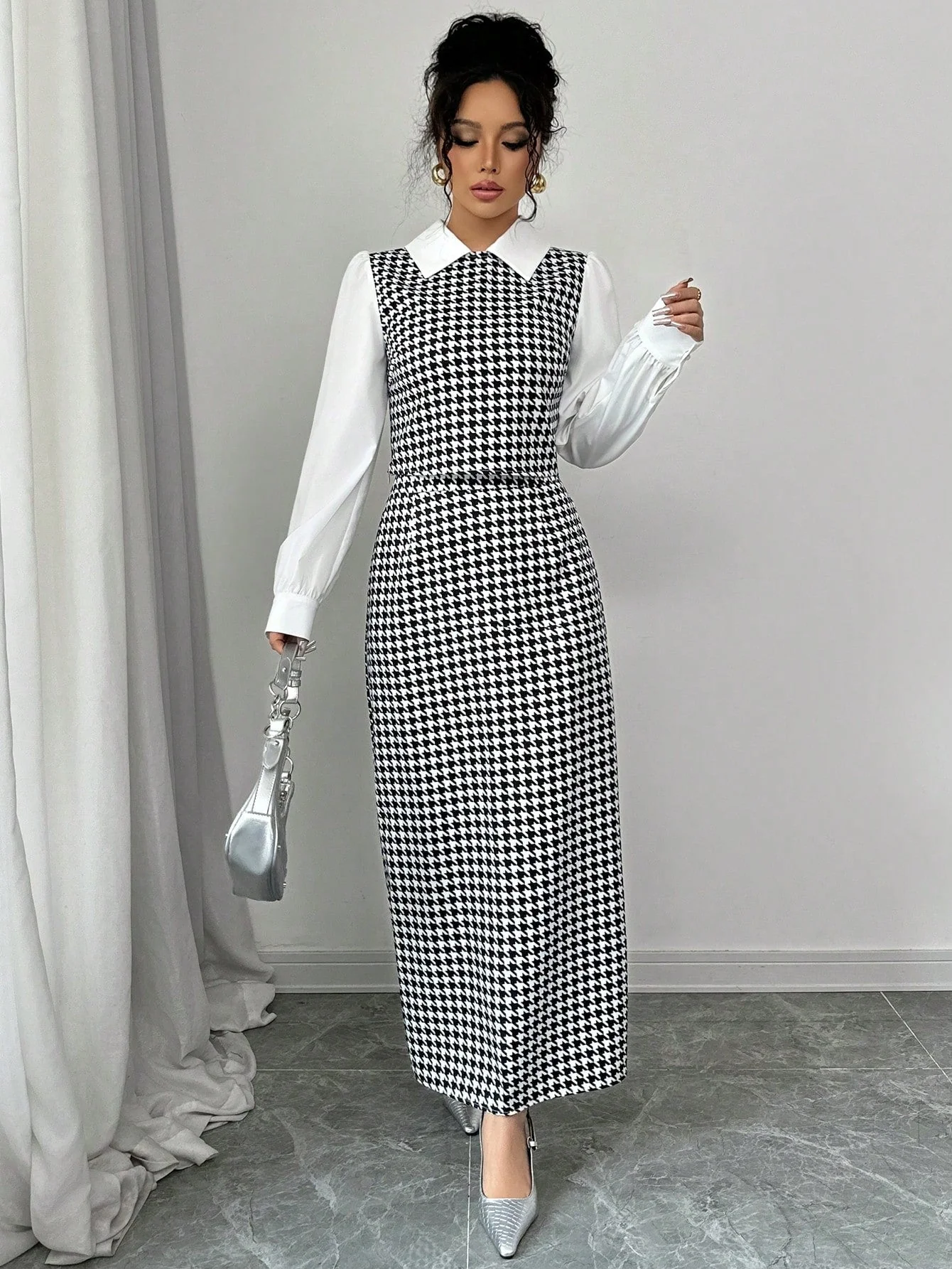 Elenzga 2pcs Set Houndstooth Color Block Shirt Collar - Image 5