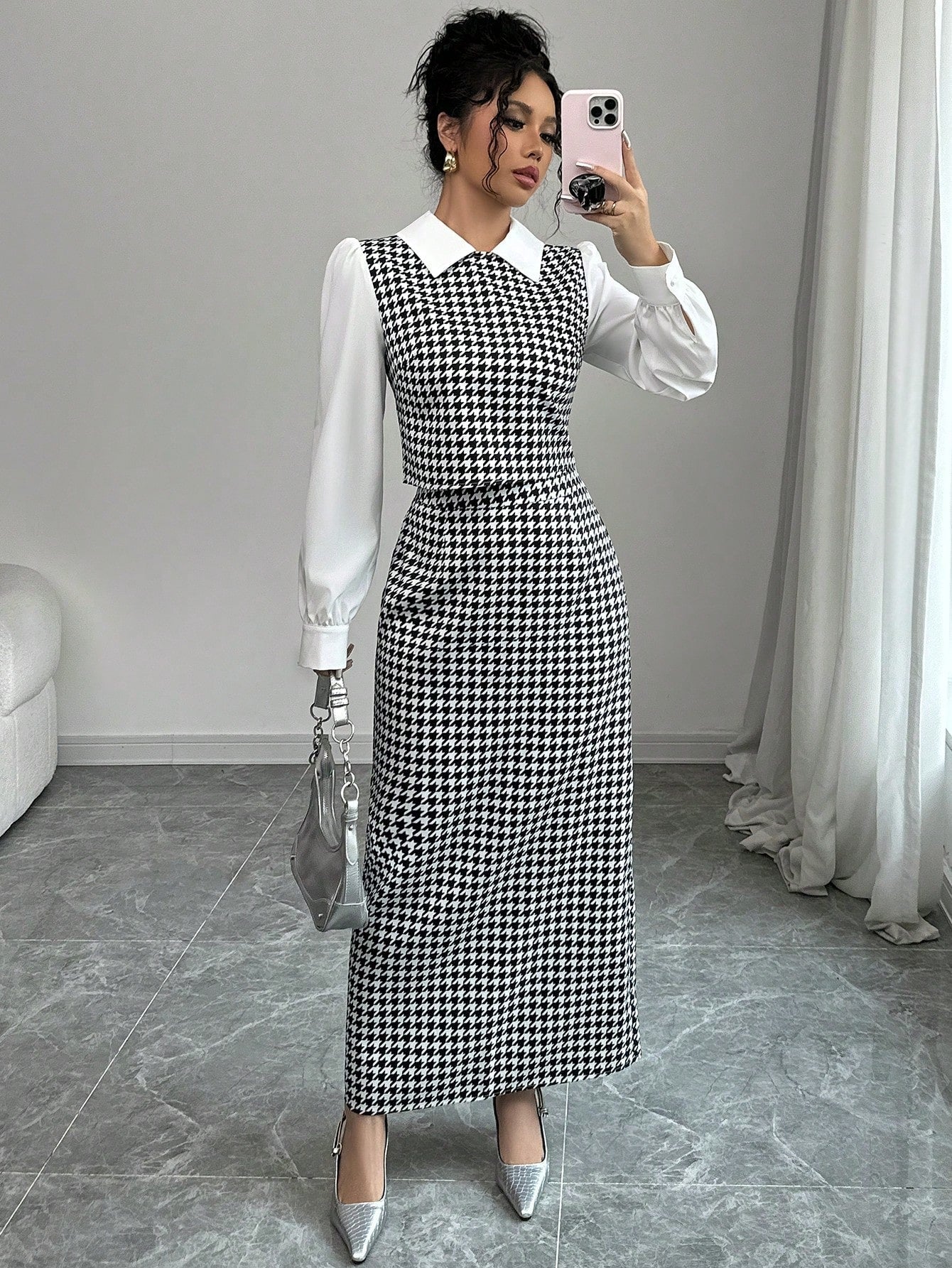 Elenzga 2pcs Set Houndstooth Color Block Shirt Collar - Image 6