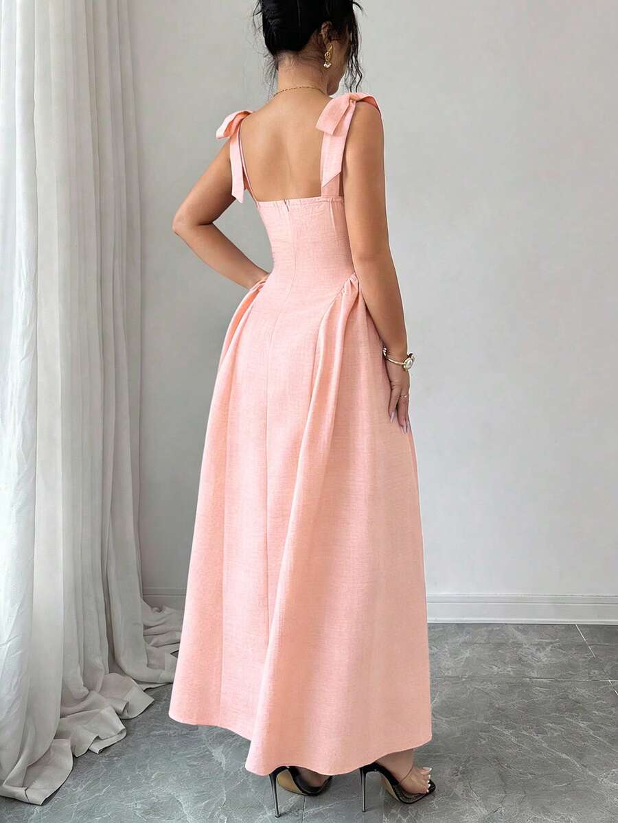 Elenzga New Arrival Tie-Shoulder Textured Bicolor Woven Midi Dress, - Image 10
