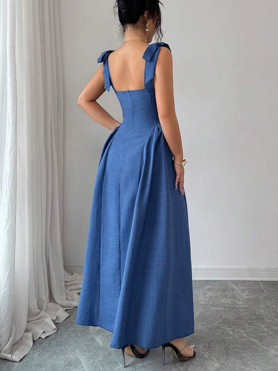 Elenzga New Arrival Tie-Shoulder Textured Bicolor Woven Midi Dress, - Image 2