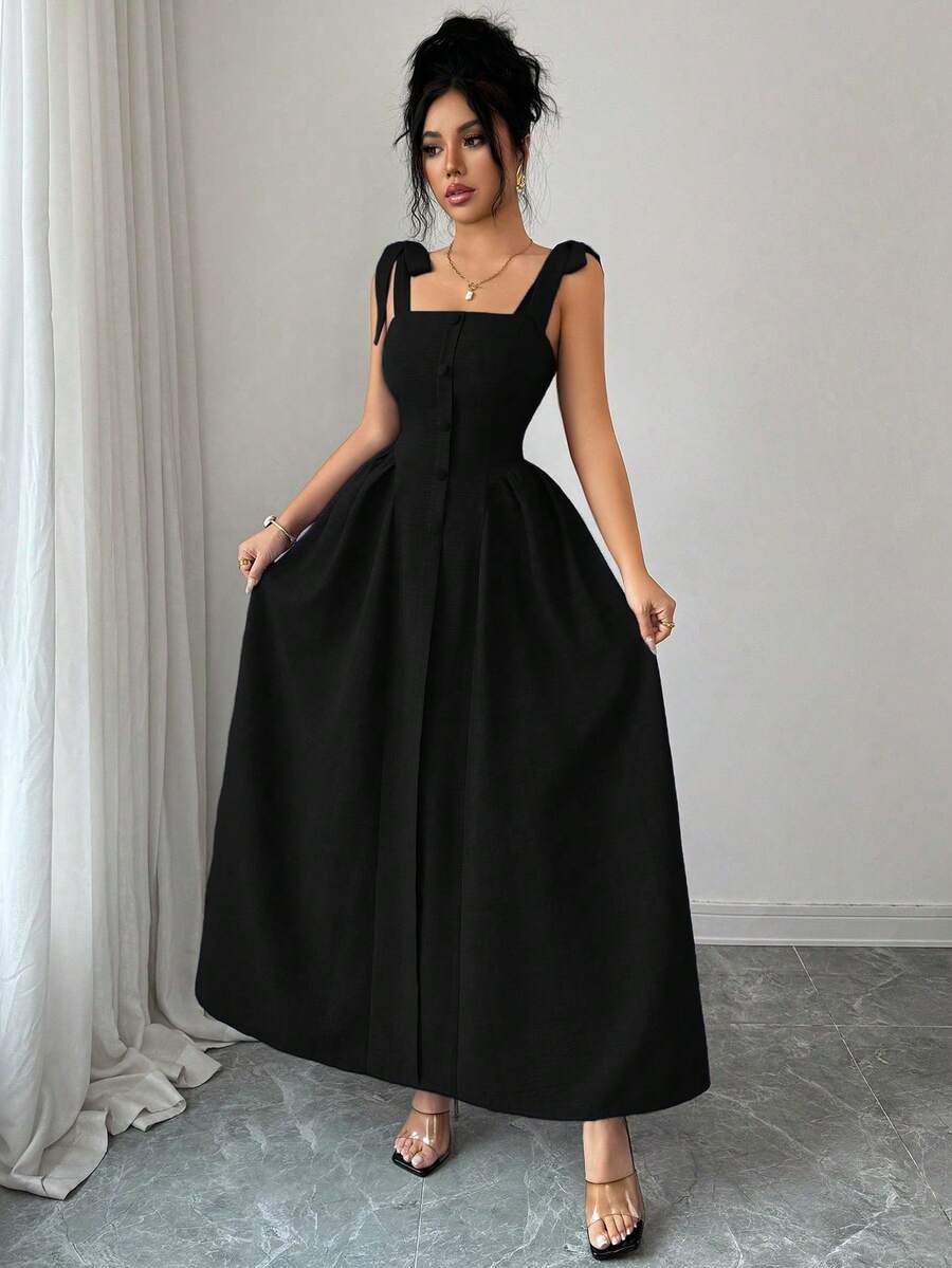 Elenzga New Arrival Tie-Shoulder Textured Bicolor Woven Midi Dress, - Image 20