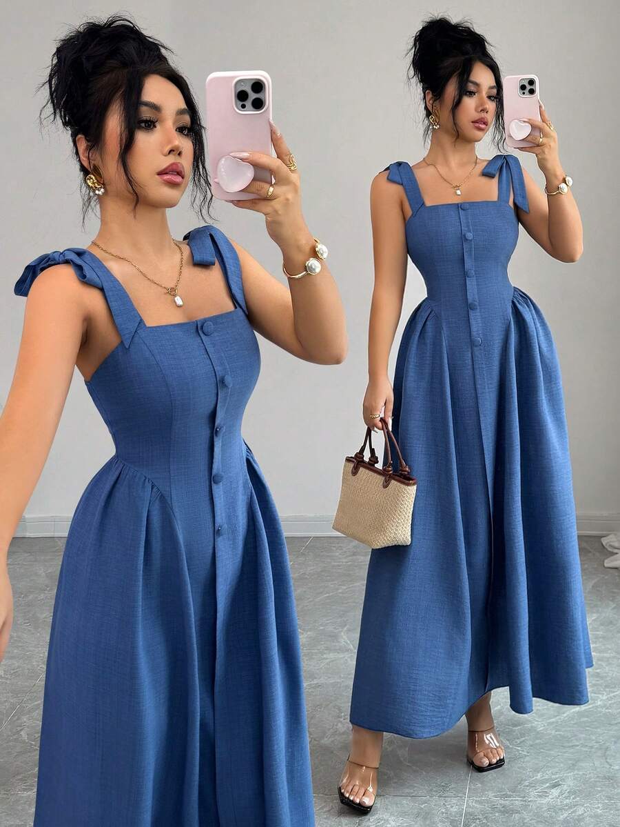 Elenzga New Arrival Tie-Shoulder Textured Bicolor Woven Midi Dress, - Image 3