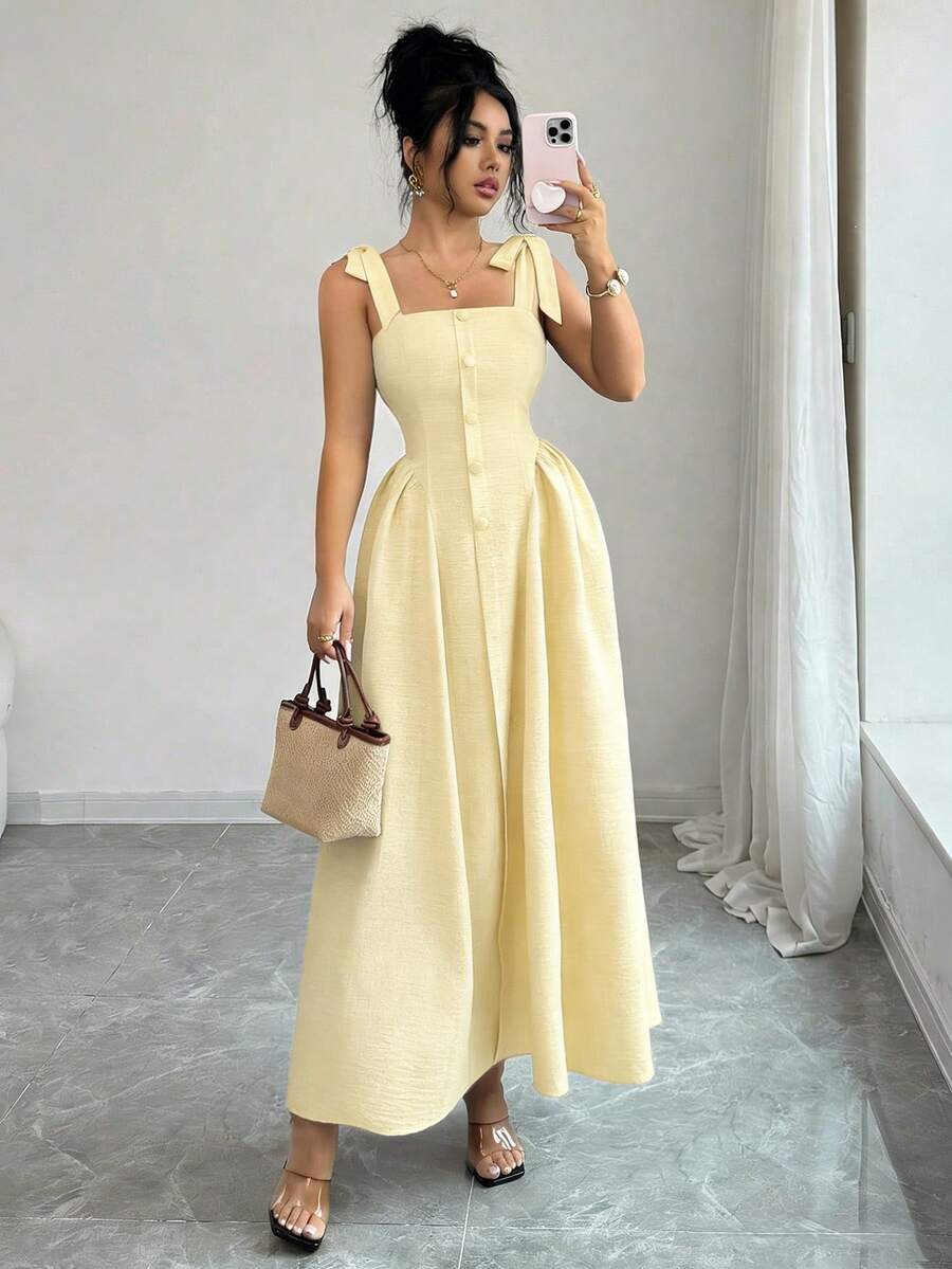 Elenzga New Arrival Tie-Shoulder Textured Bicolor Woven Midi Dress, - Image 31