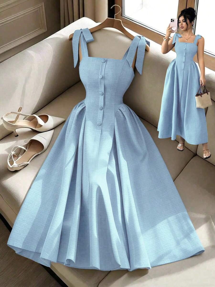 Elenzga New Arrival Tie-Shoulder Textured Bicolor Woven Midi Dress, - Image 33