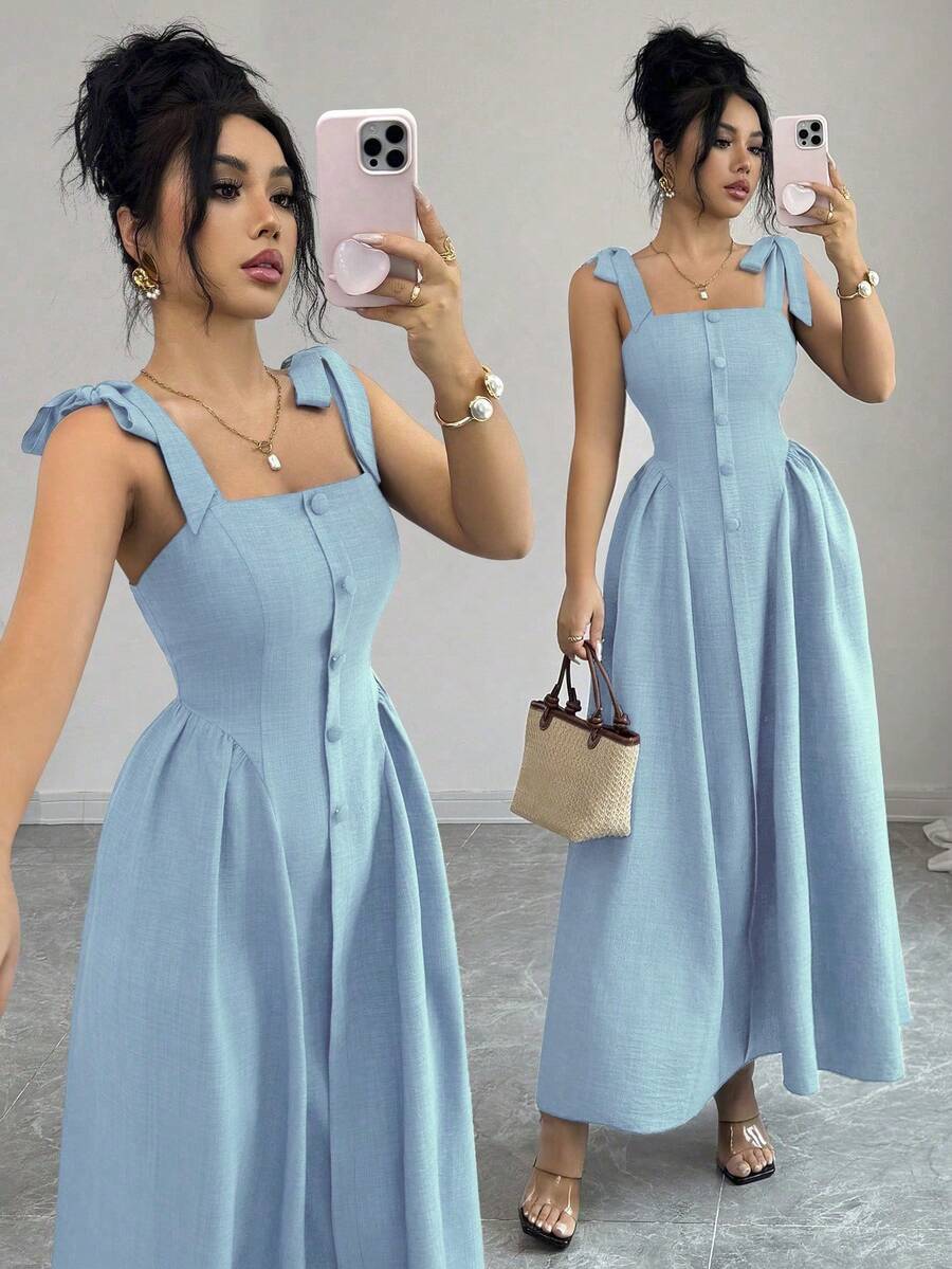 Elenzga New Arrival Tie-Shoulder Textured Bicolor Woven Midi Dress, - Image 35