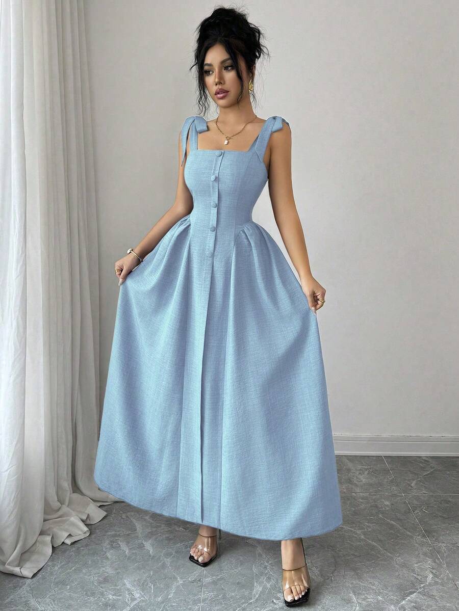 Elenzga New Arrival Tie-Shoulder Textured Bicolor Woven Midi Dress, - Image 36