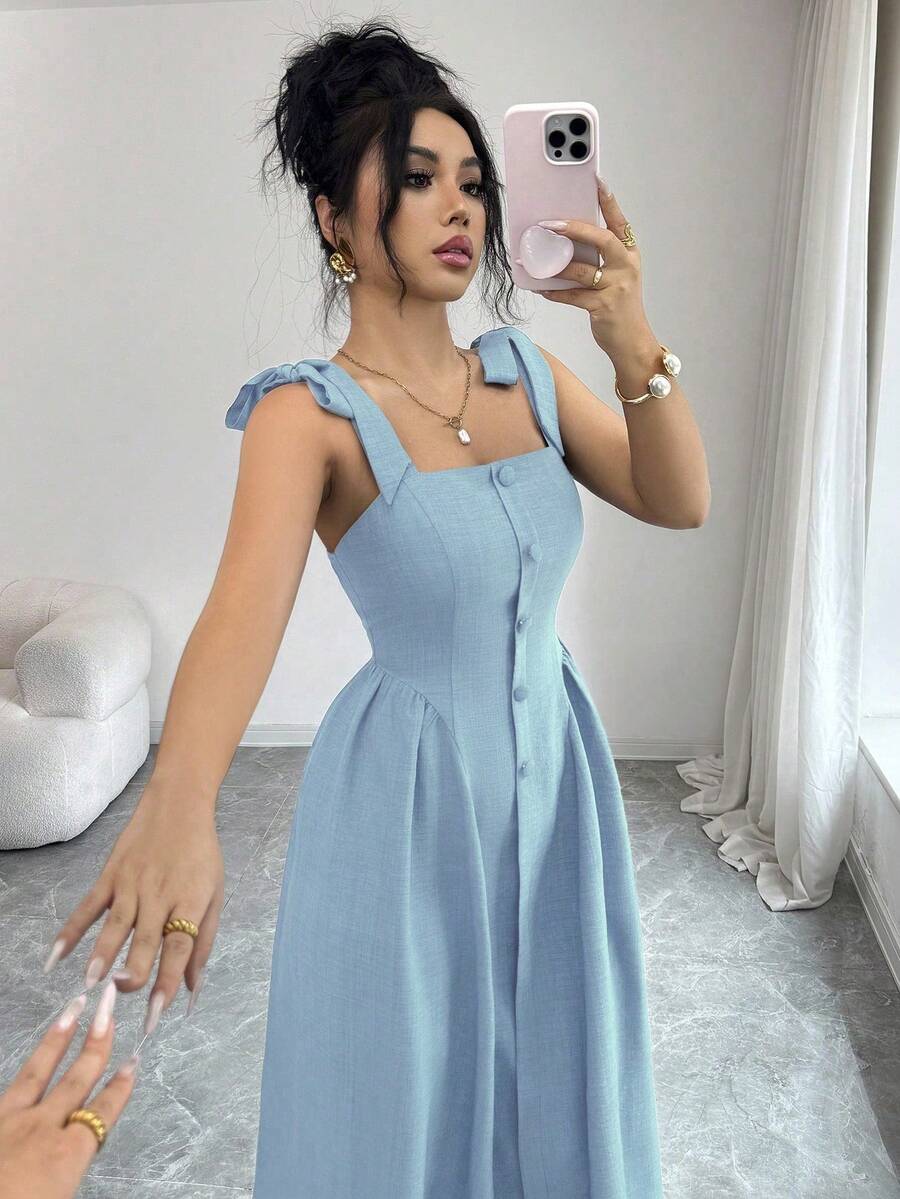 Elenzga New Arrival Tie-Shoulder Textured Bicolor Woven Midi Dress, - Image 38