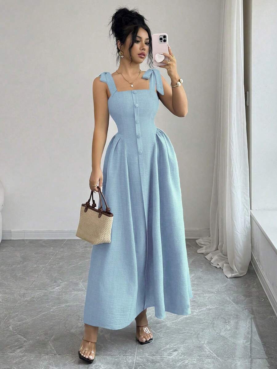Elenzga New Arrival Tie-Shoulder Textured Bicolor Woven Midi Dress, - Image 39