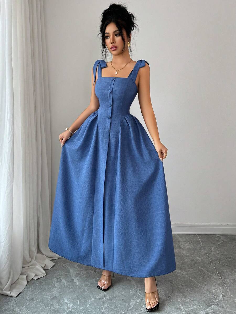 Elenzga New Arrival Tie-Shoulder Textured Bicolor Woven Midi Dress, - Image 4