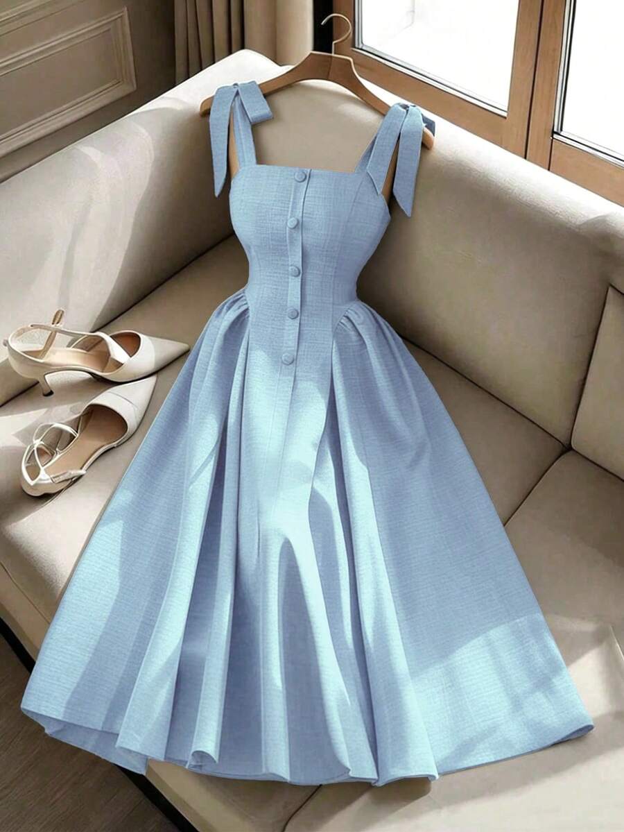 Elenzga New Arrival Tie-Shoulder Textured Bicolor Woven Midi Dress, - Image 40