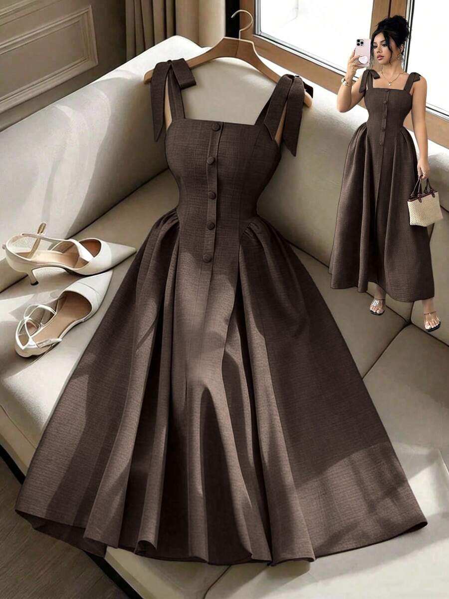 Elenzga New Arrival Tie-Shoulder Textured Bicolor Woven Midi Dress, - Image 41