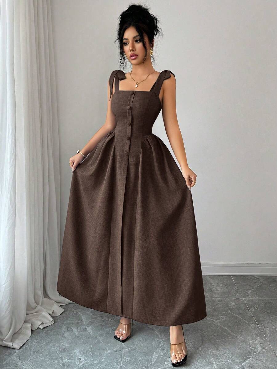 Elenzga New Arrival Tie-Shoulder Textured Bicolor Woven Midi Dress, - Image 44