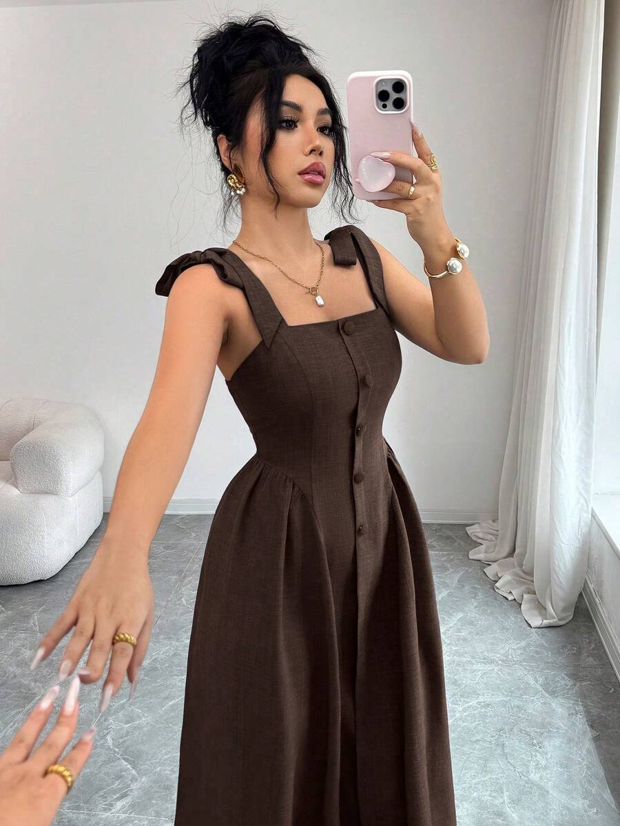 Elenzga New Arrival Tie-Shoulder Textured Bicolor Woven Midi Dress, - Image 46