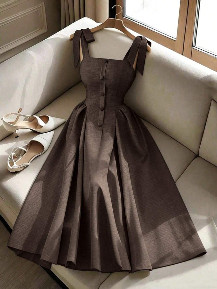 Elenzga New Arrival Tie-Shoulder Textured Bicolor Woven Midi Dress, - Image 48