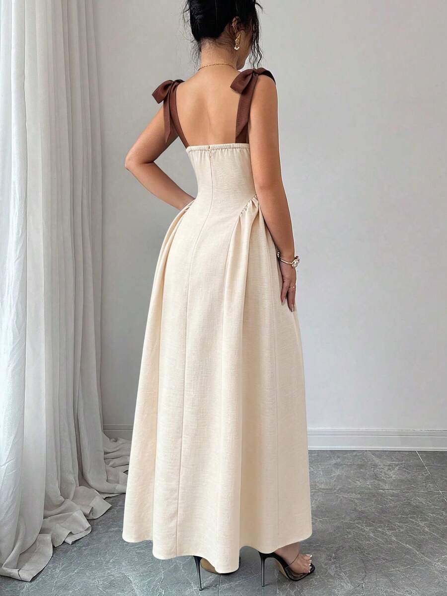 Elenzga New Arrival Tie-Shoulder Textured Bicolor Woven Midi Dress, - Image 50