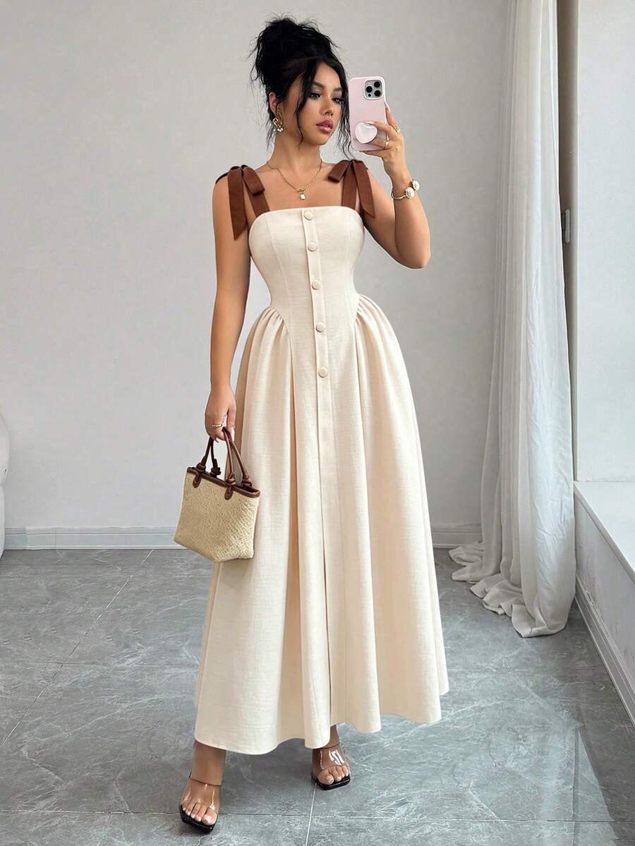 Elenzga New Arrival Tie-Shoulder Textured Bicolor Woven Midi Dress, - Image 55