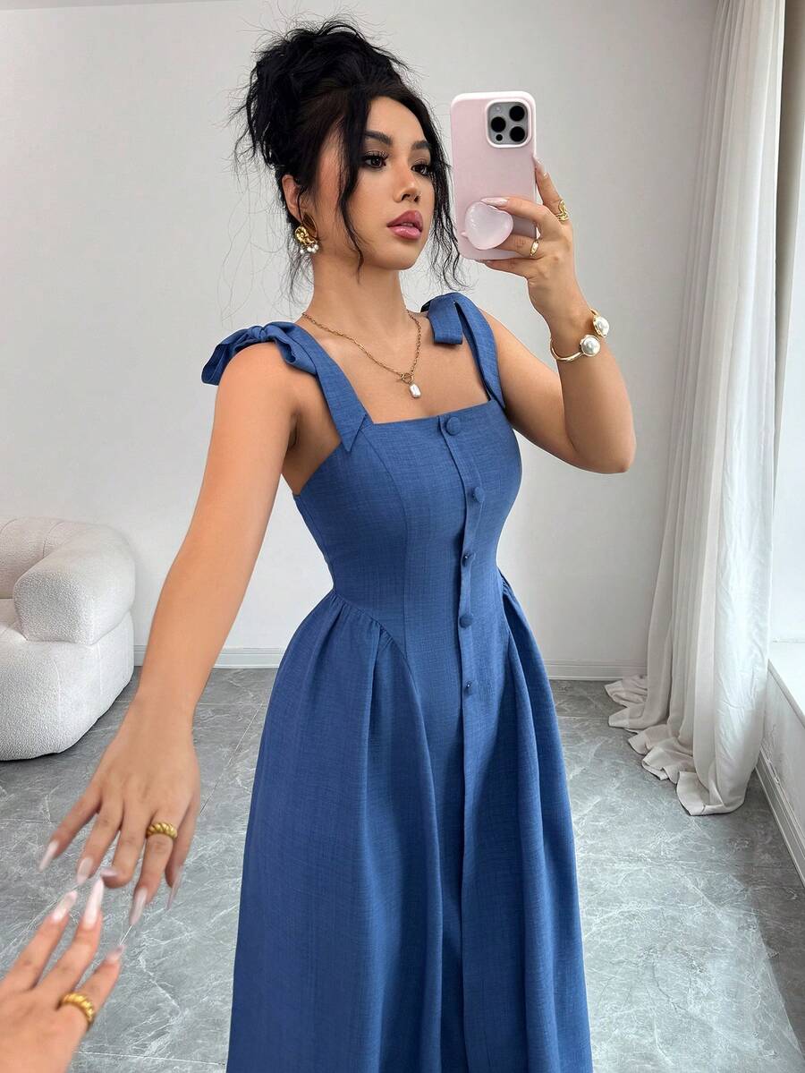 Elenzga New Arrival Tie-Shoulder Textured Bicolor Woven Midi Dress, - Image 6