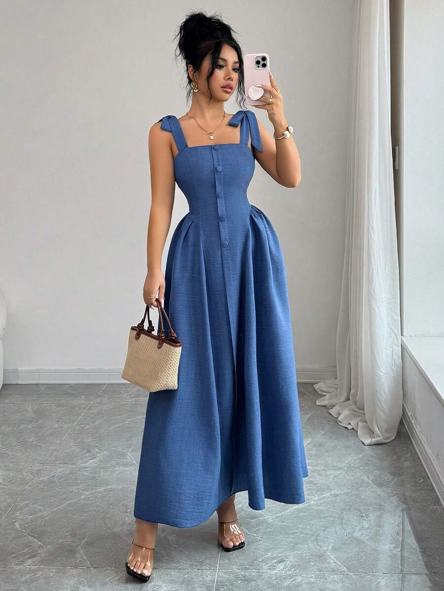 Elenzga New Arrival Tie-Shoulder Textured Bicolor Woven Midi Dress, - Image 7
