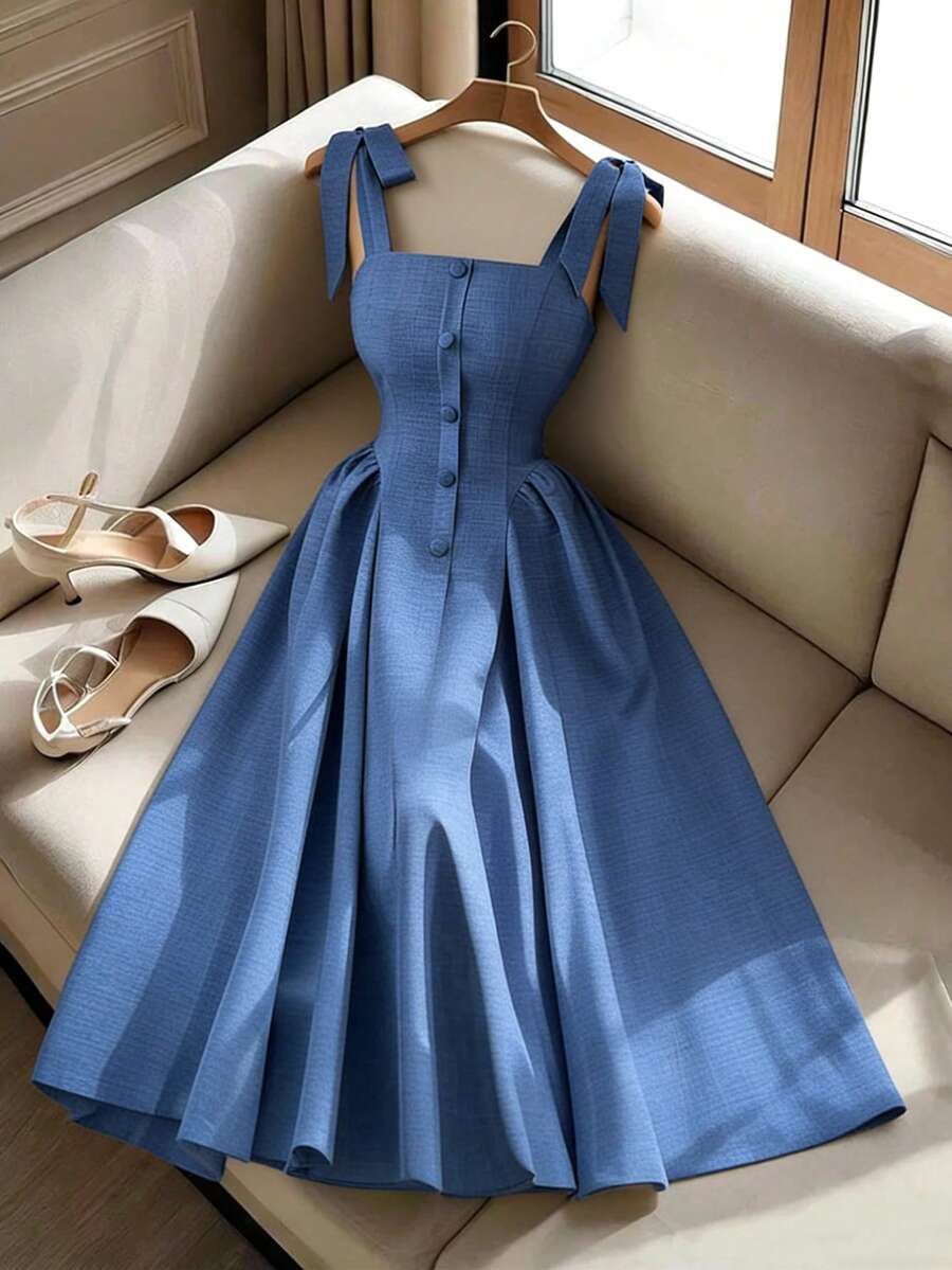 Elenzga New Arrival Tie-Shoulder Textured Bicolor Woven Midi Dress, - Image 8