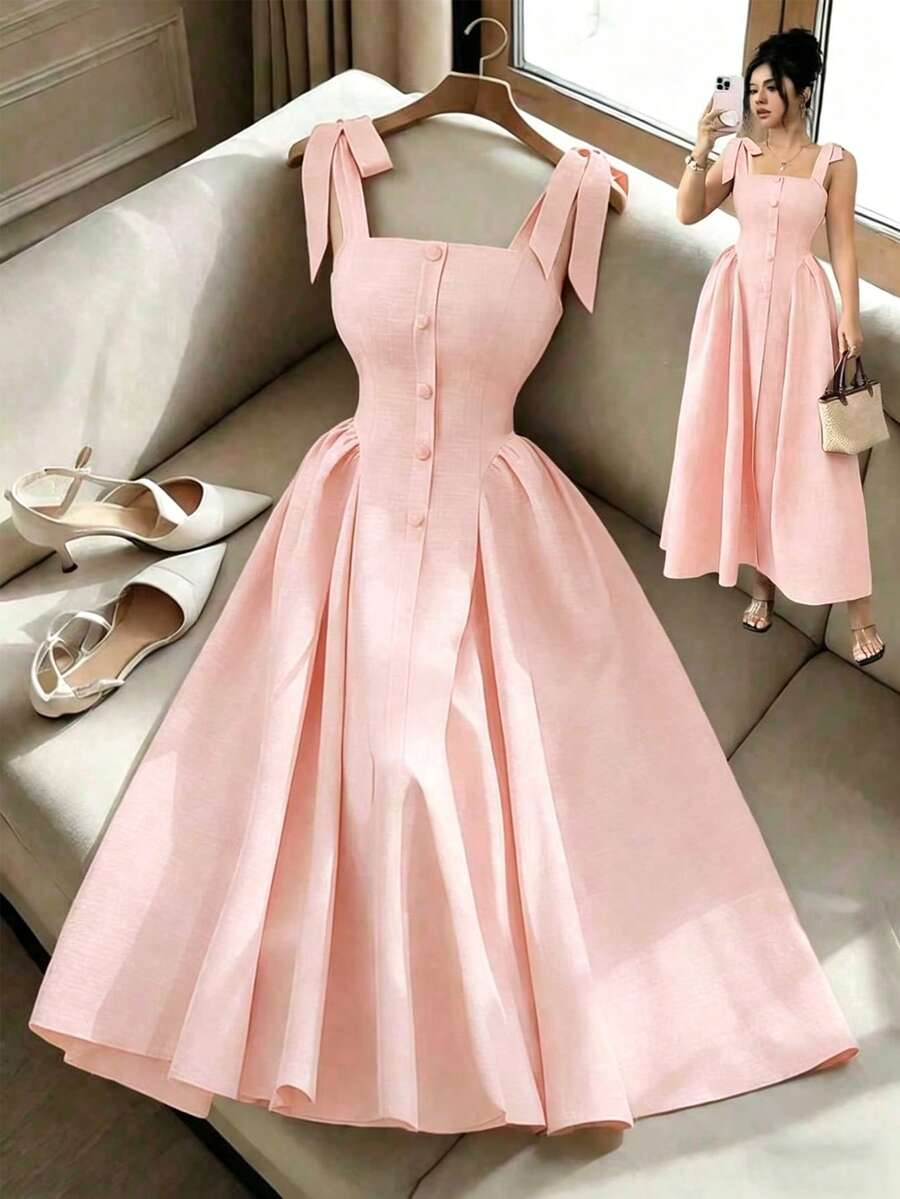 Elenzga New Arrival Tie-Shoulder Textured Bicolor Woven Midi Dress, - Image 9