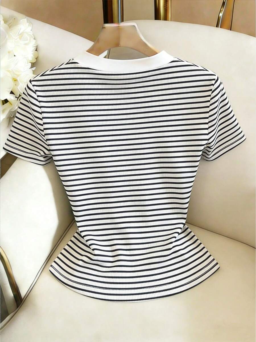 V-Neck Ribbed Short Sleeve Faux Placket Design Elegant Fitted Casual T-Shirt For Women - Image 2