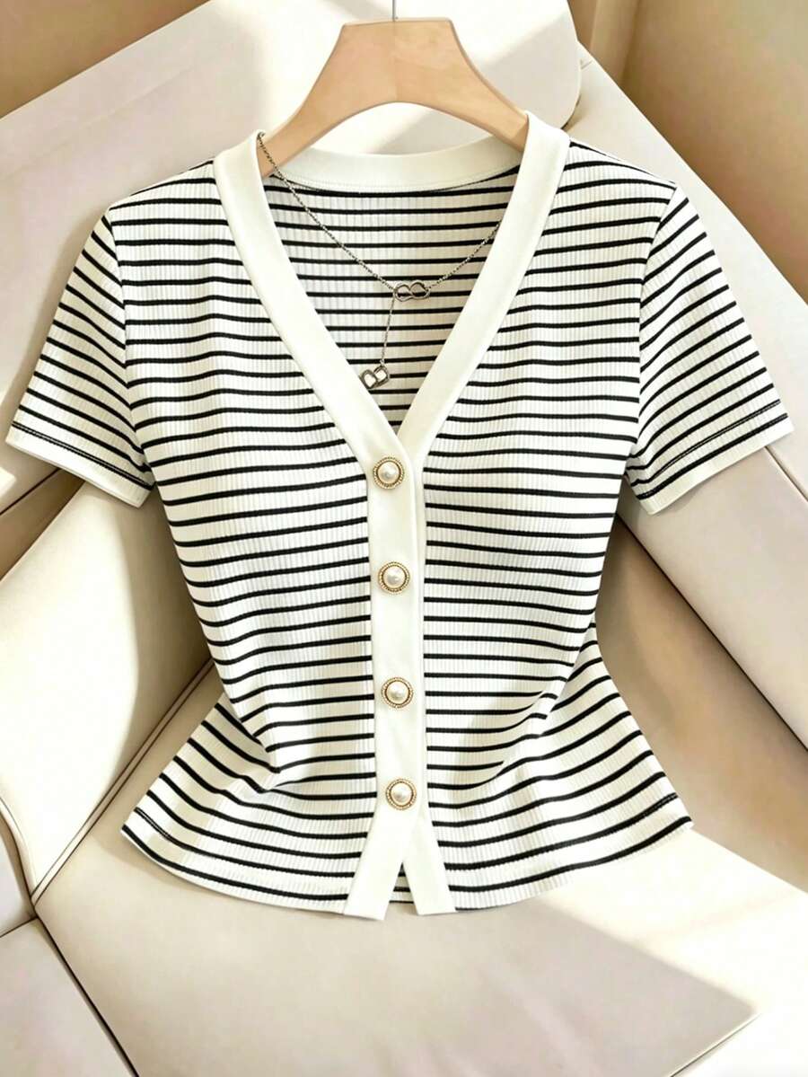 V-Neck Ribbed Short Sleeve Faux Placket Design Elegant Fitted Casual T-Shirt For Women - Image 3