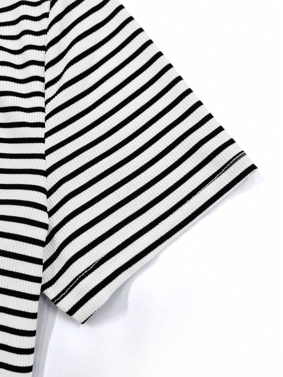 V-Neck Ribbed Short Sleeve Faux Placket Design Elegant Fitted Casual T-Shirt For Women - Image 4