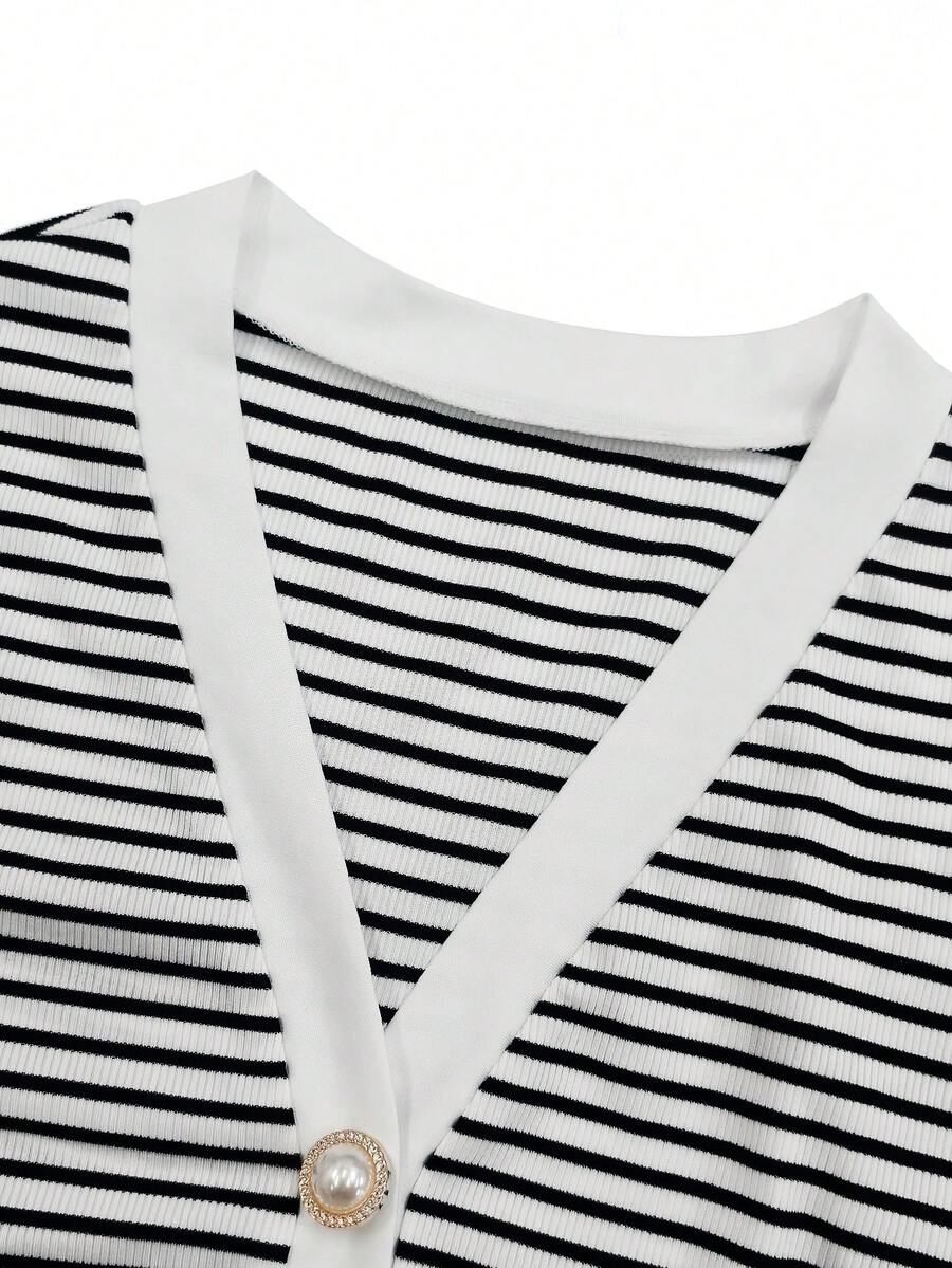 V-Neck Ribbed Short Sleeve Faux Placket Design Elegant Fitted Casual T-Shirt For Women - Image 5