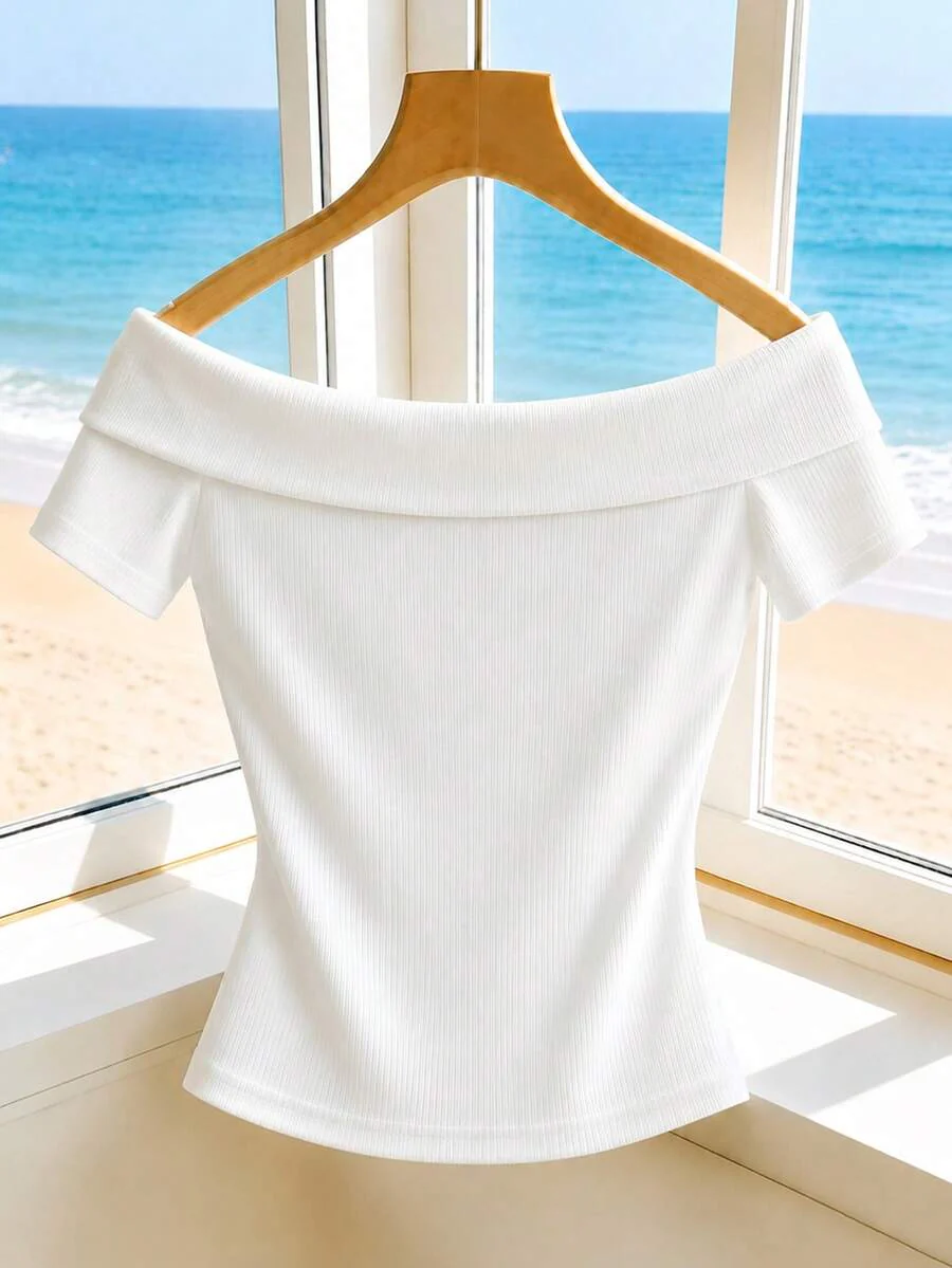 Elenzga Off-White Short Sleeve Top, Metal Buckle Decor Slim Fit Cropped T-Shirt - Image 2