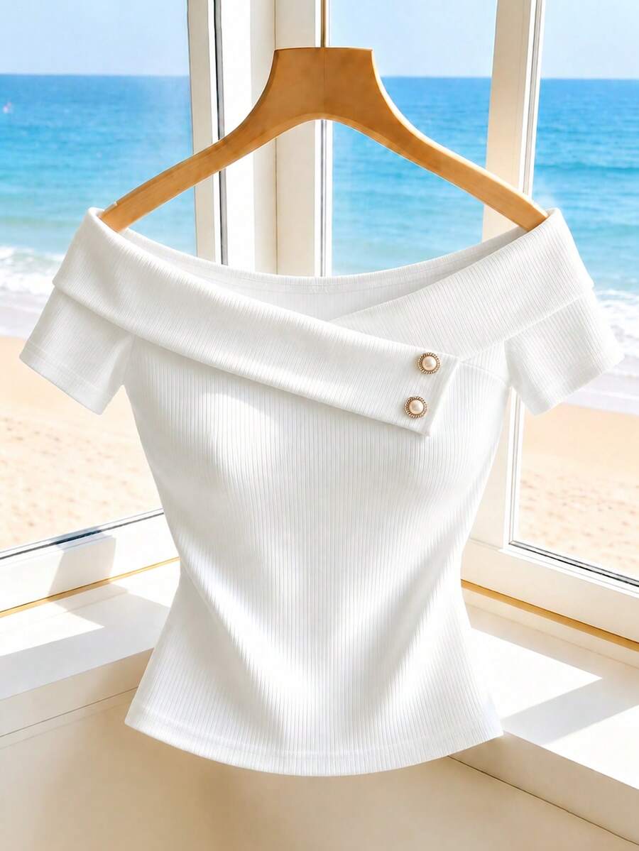 Elenzga Off-White Short Sleeve Top, Metal Buckle Decor Slim Fit Cropped T-Shirt - Image 3
