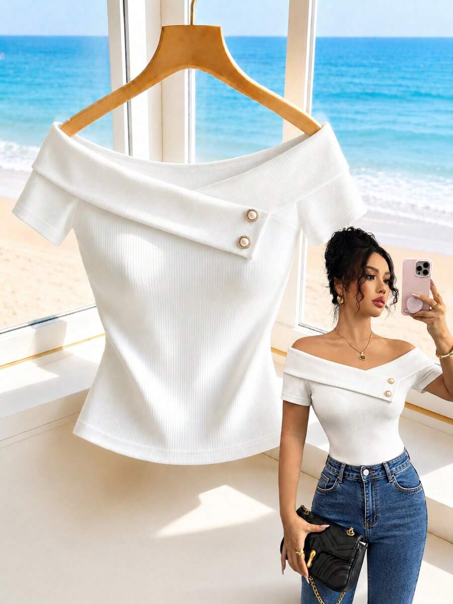 Elenzga Off-White Short Sleeve Top, Metal Buckle Decor Slim Fit Cropped T-Shirt - Image 4
