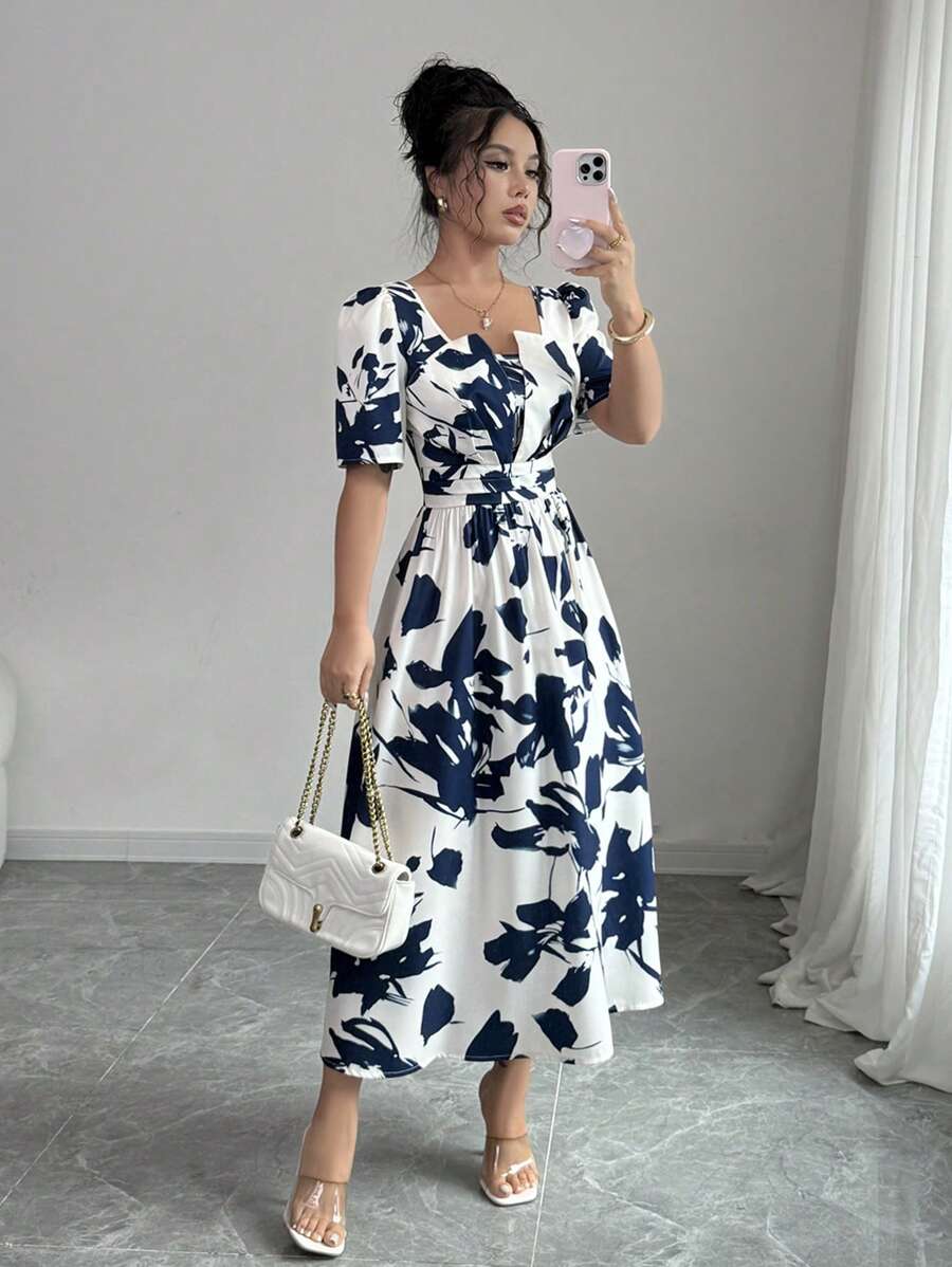 Women's Square Neck Puff Sleeve Waist Gathered Printed Summer Dress