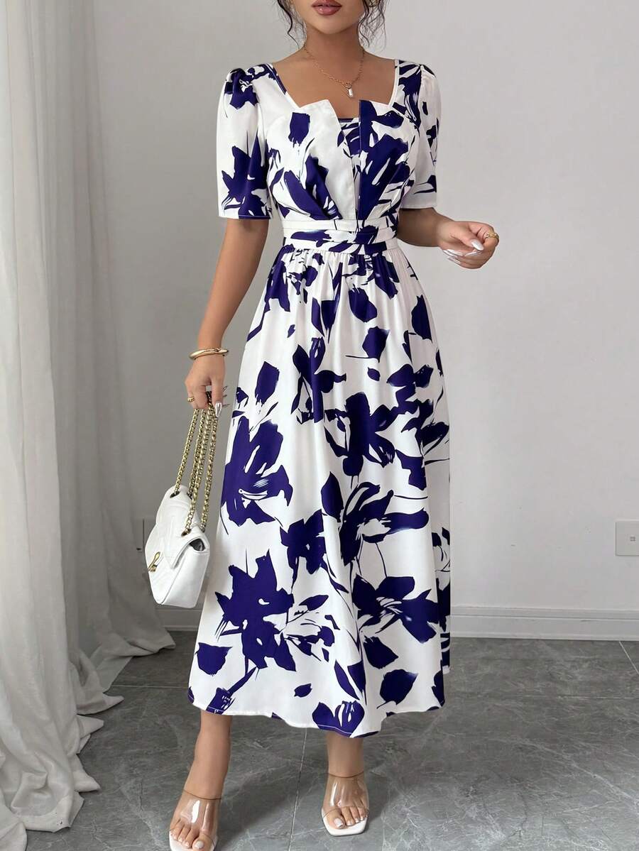 Women's Square Neck Puff Sleeve Waist Gathered Printed Summer Dress - Image 10