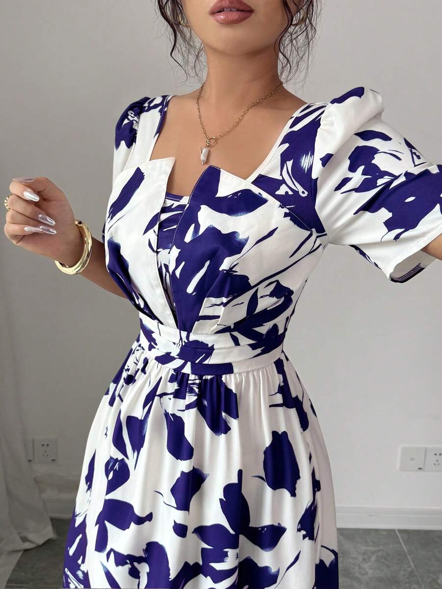 Women's Square Neck Puff Sleeve Waist Gathered Printed Summer Dress - Image 11