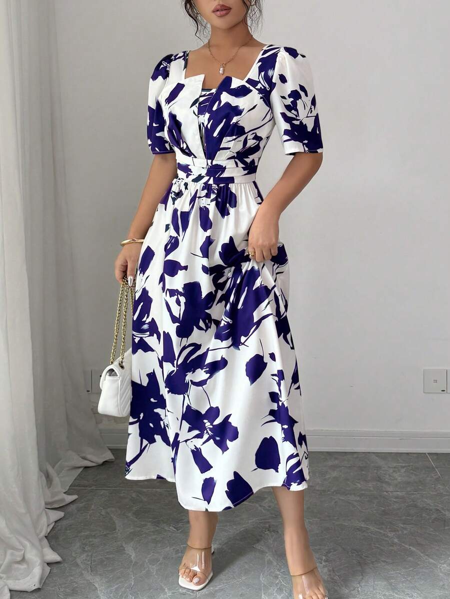 Women's Square Neck Puff Sleeve Waist Gathered Printed Summer Dress - Image 12