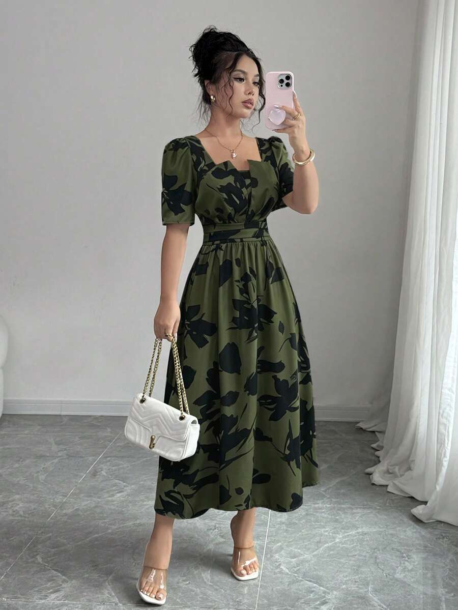Women's Square Neck Puff Sleeve Waist Gathered Printed Summer Dress - Image 13