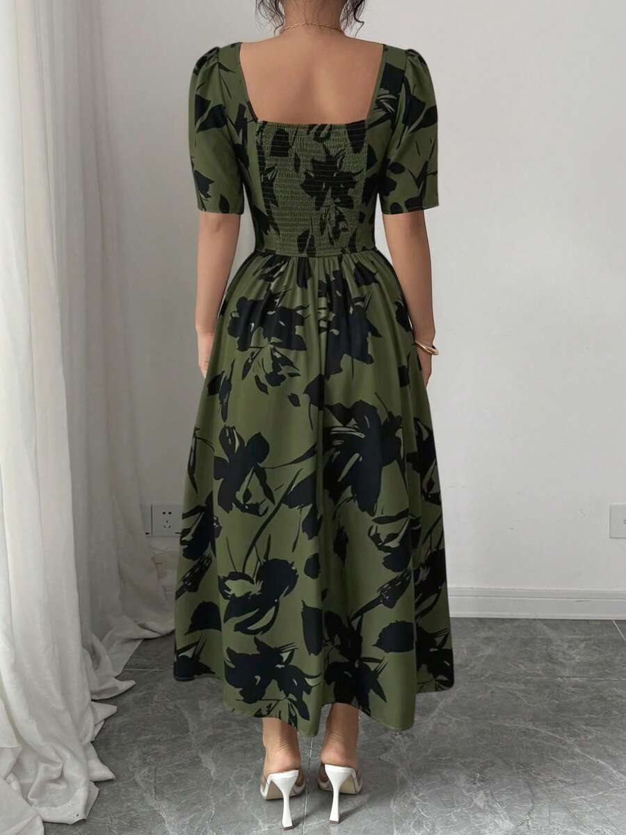 Women's Square Neck Puff Sleeve Waist Gathered Printed Summer Dress - Image 14