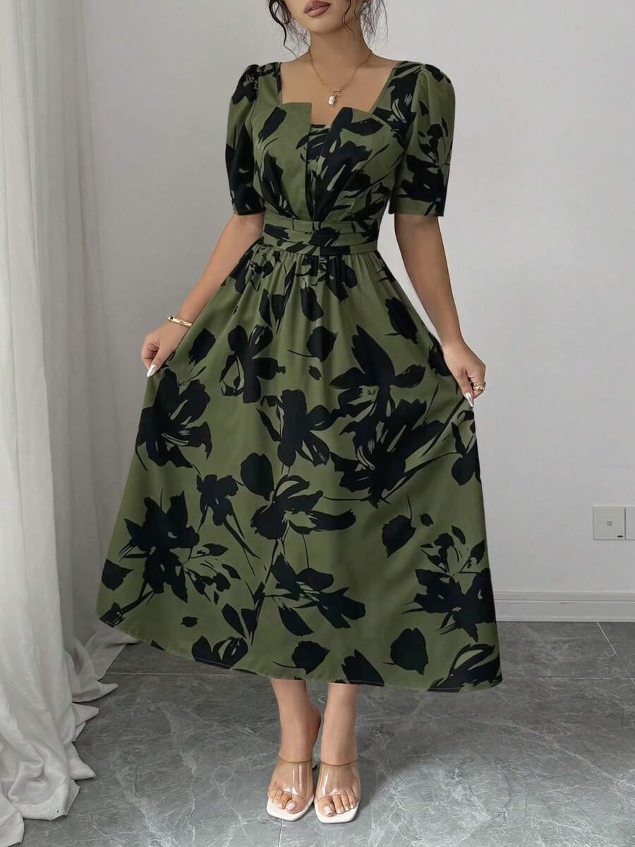 Women's Square Neck Puff Sleeve Waist Gathered Printed Summer Dress - Image 15