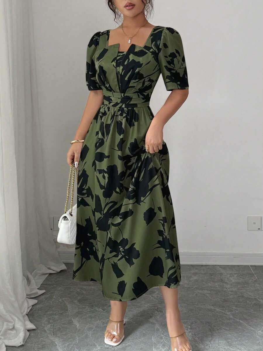 Women's Square Neck Puff Sleeve Waist Gathered Printed Summer Dress - Image 16