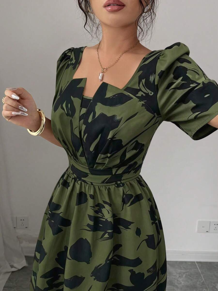 Women's Square Neck Puff Sleeve Waist Gathered Printed Summer Dress - Image 17