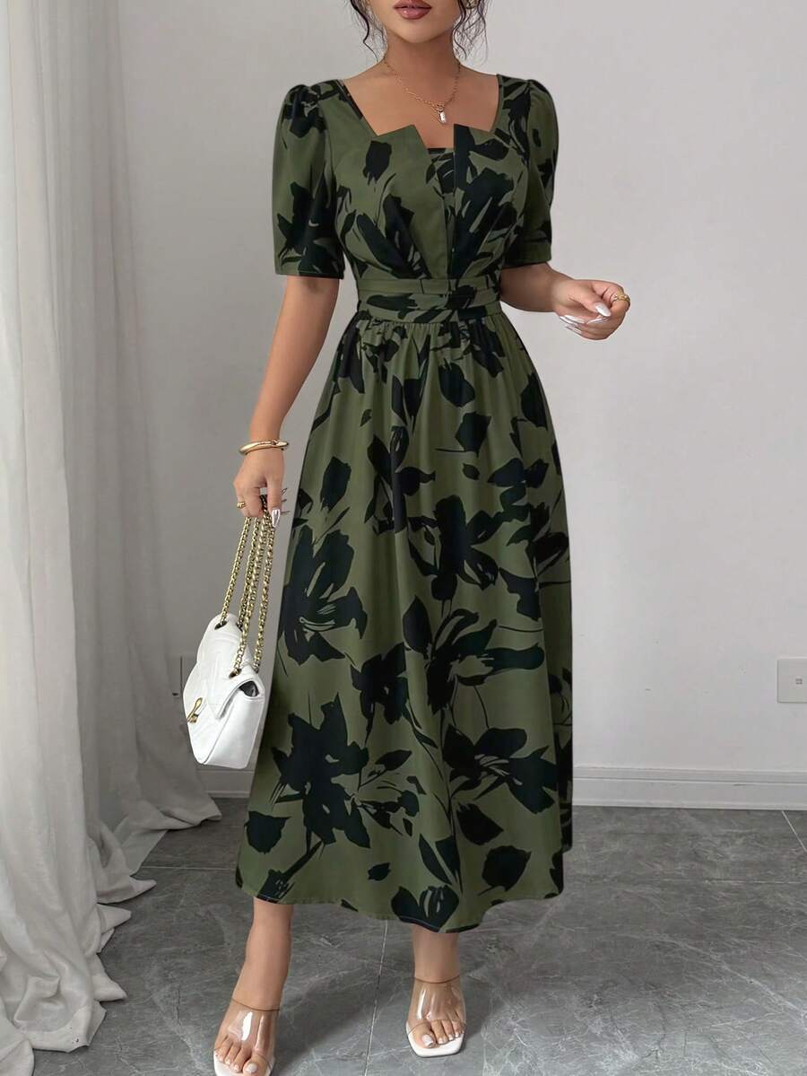 Women's Square Neck Puff Sleeve Waist Gathered Printed Summer Dress - Image 18