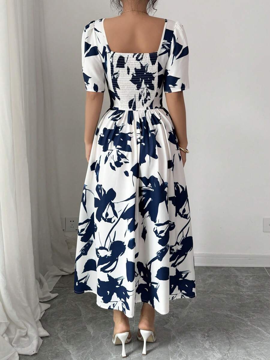 Women's Square Neck Puff Sleeve Waist Gathered Printed Summer Dress - Image 2