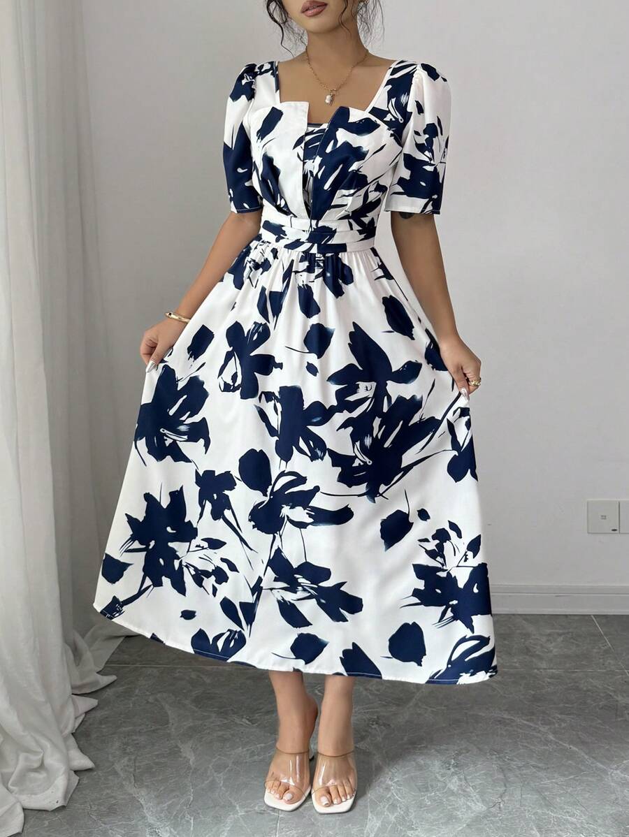 Women's Square Neck Puff Sleeve Waist Gathered Printed Summer Dress - Image 5