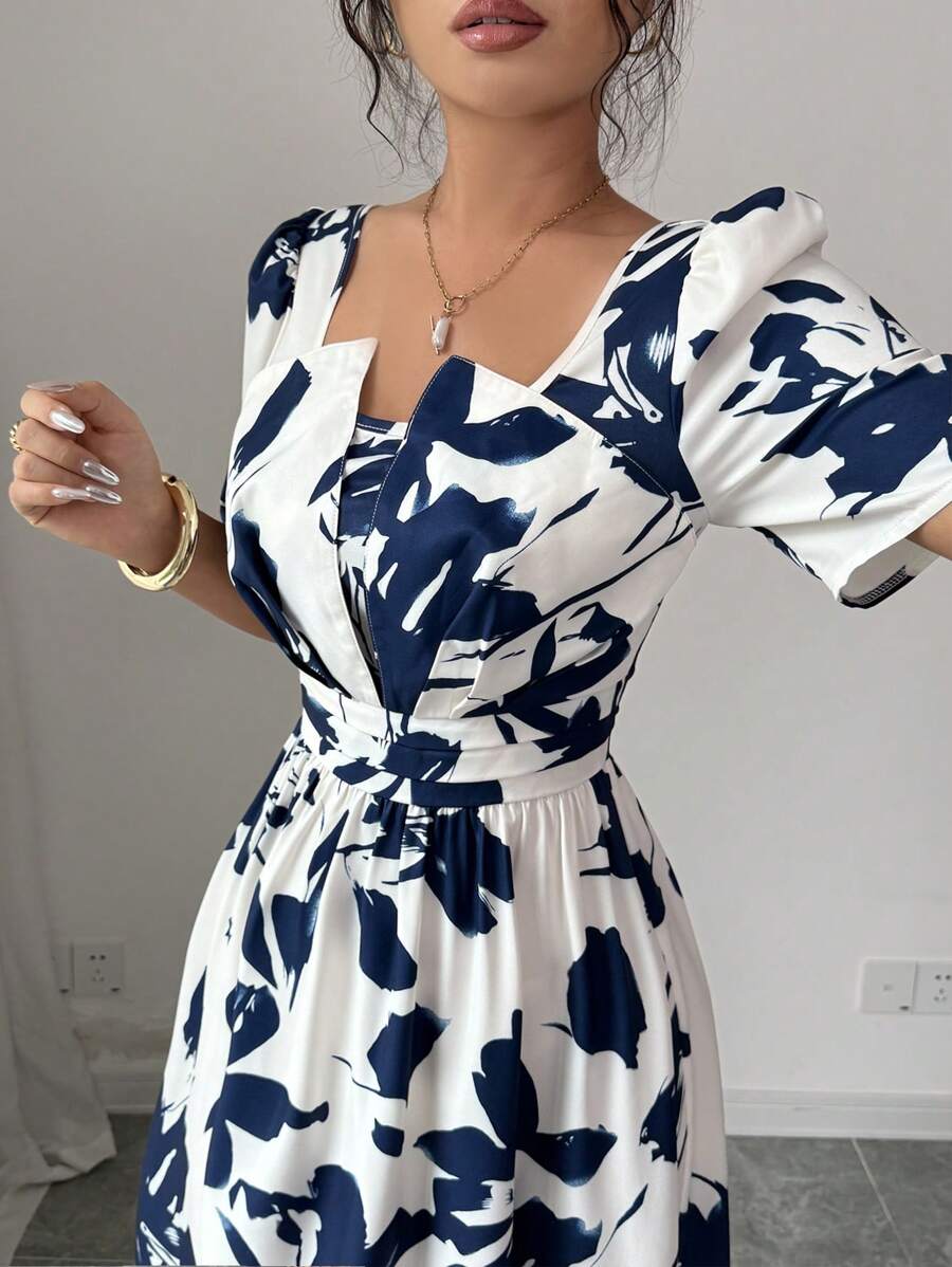 Women's Square Neck Puff Sleeve Waist Gathered Printed Summer Dress - Image 6
