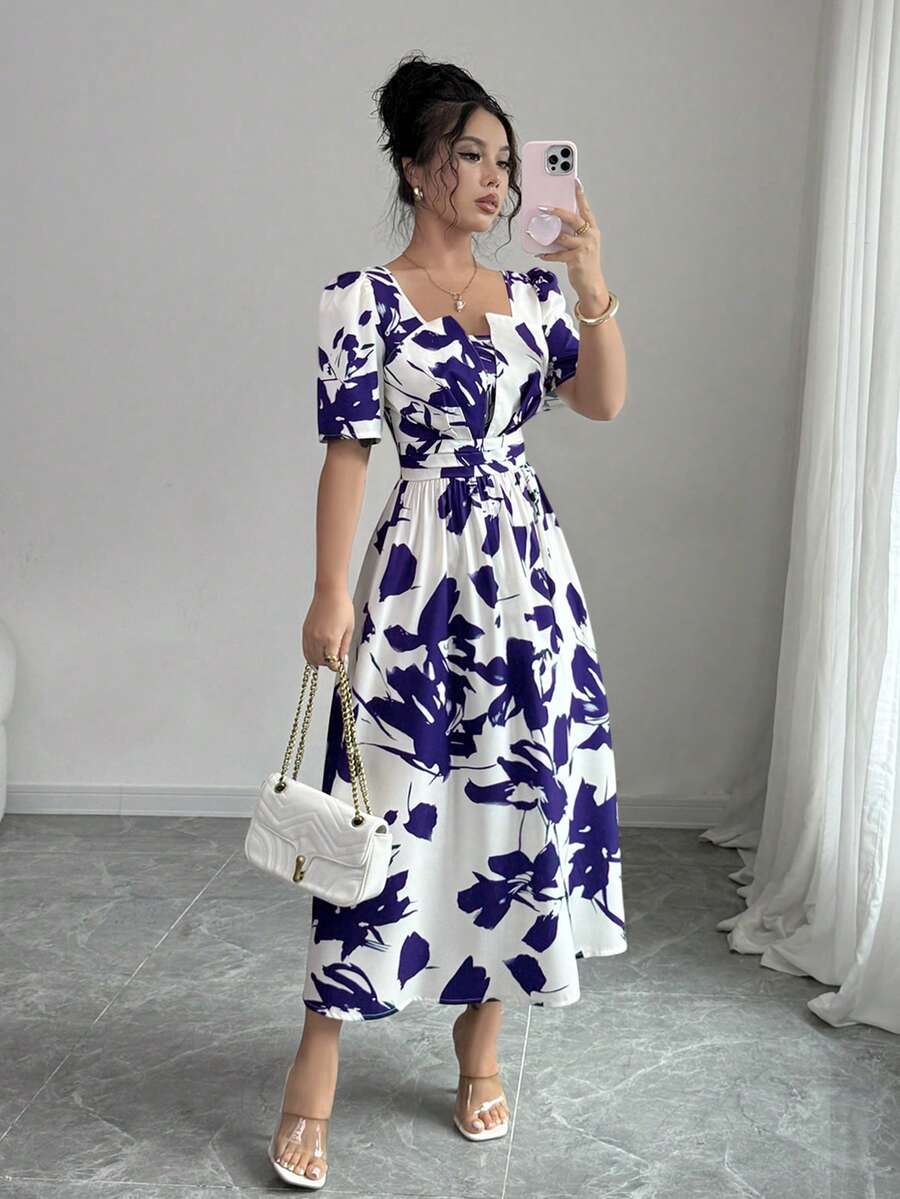 Women's Square Neck Puff Sleeve Waist Gathered Printed Summer Dress - Image 7