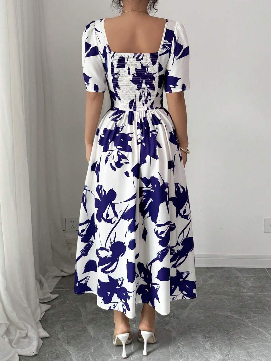 Women's Square Neck Puff Sleeve Waist Gathered Printed Summer Dress - Image 8