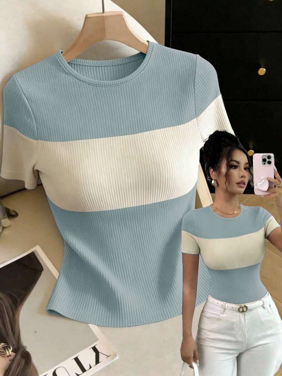 Elenzga Women's Casual Colorblock Short Sleeve T-Shirt, Summer - Image 29